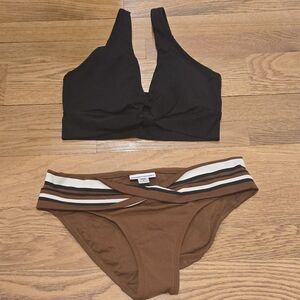 NWOT ROBIN PICCONE Black Ava Knot Front Brown Stripe Bikini set Sz M